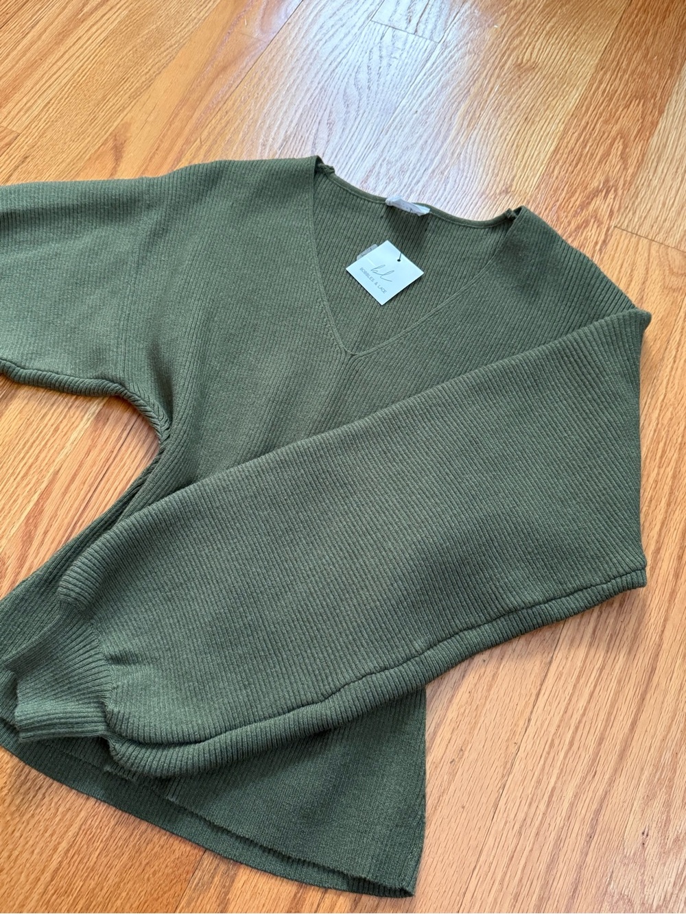 Olive V-Neck Ribbed Women’s Sweater (L) - Bobbles & Lace